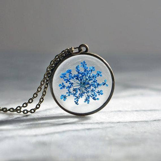 Blue Queen Anne's Lace Necklace: Antique Bronze