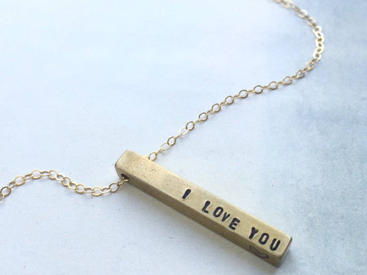 I love you bar necklace, tiny solid brass bar necklace