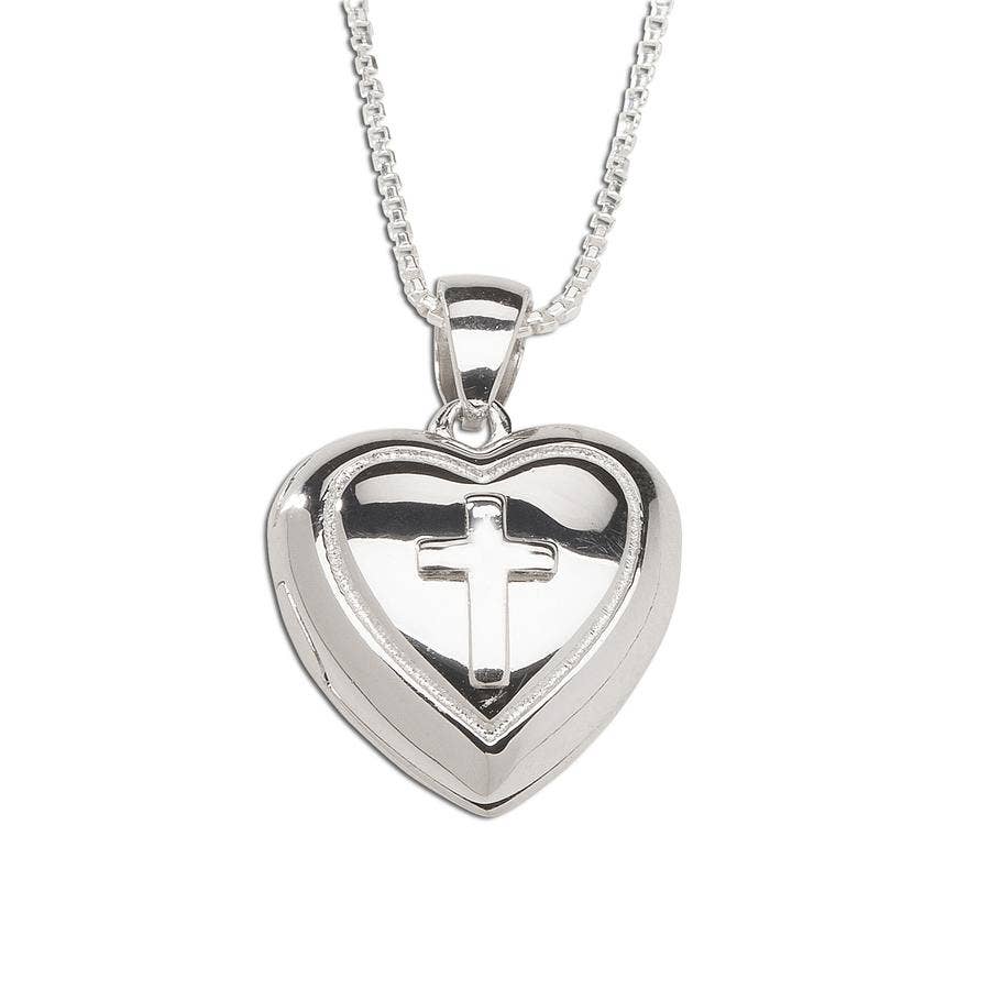 Sterling Silver Girls Heart Locket With Cross Kids Necklace