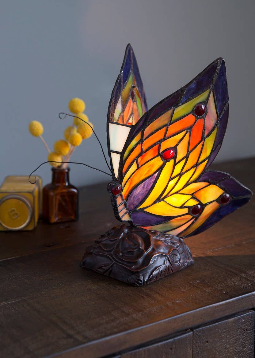 Luella Red Butterfly Wings Stained Glass Accent Lamp