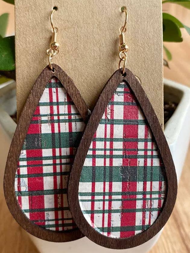 Winter Plaid Teardrop Wood Earrings