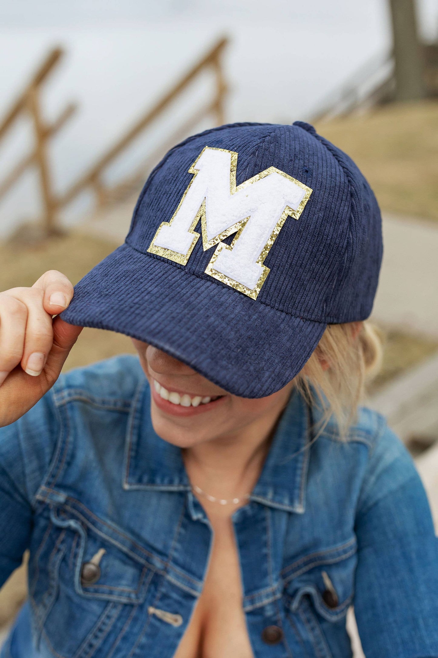 Chenille Letter Corduroy Hat - Navy