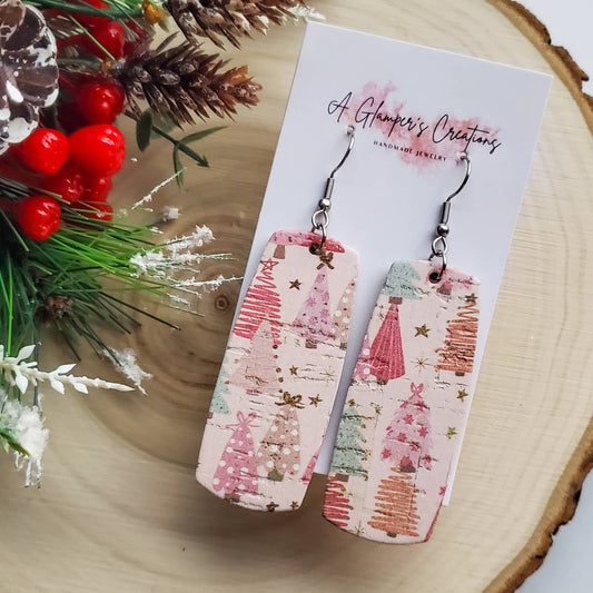 Pink Christmas Tree Bar Leather Earrings