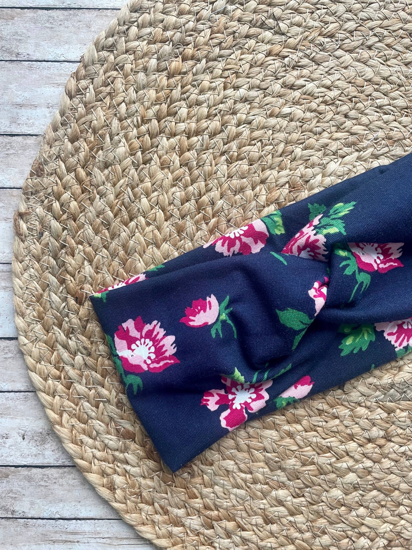 Navy Pink Floral Knit Twist Headband