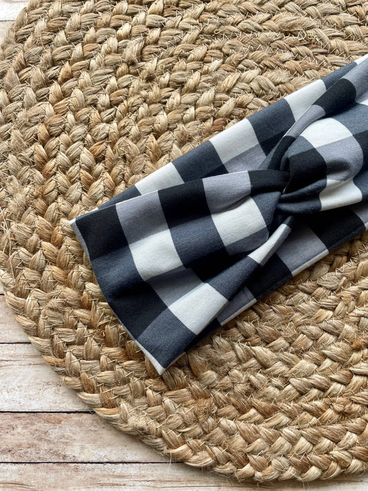 Black and white buffalo plaid twist knit headband