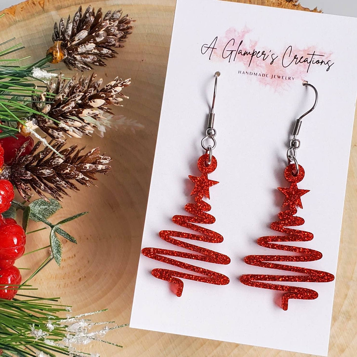 Red Glitter Ribbon Christmas Tree Acrylic Earrings