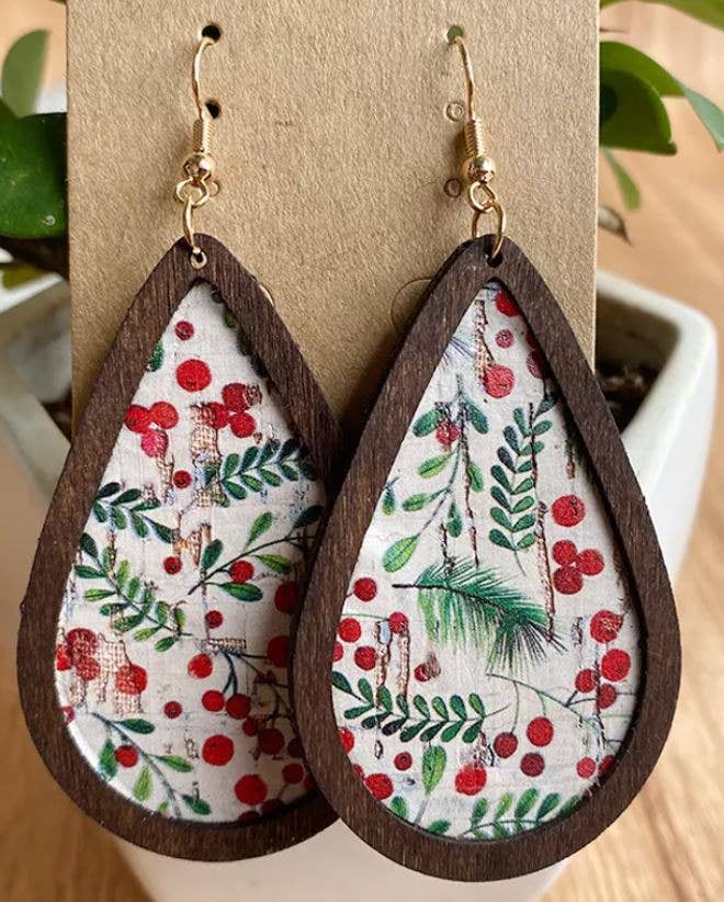 Holly Berry Teardrop Wood Earrings