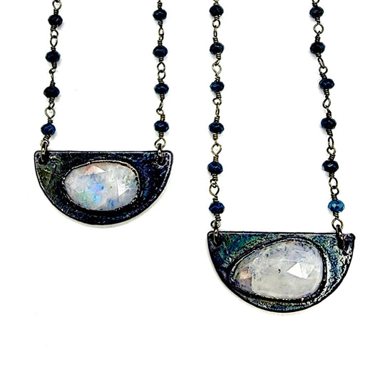 Faceted Rainbow Moonstone Antiqued Half Moon Necklace