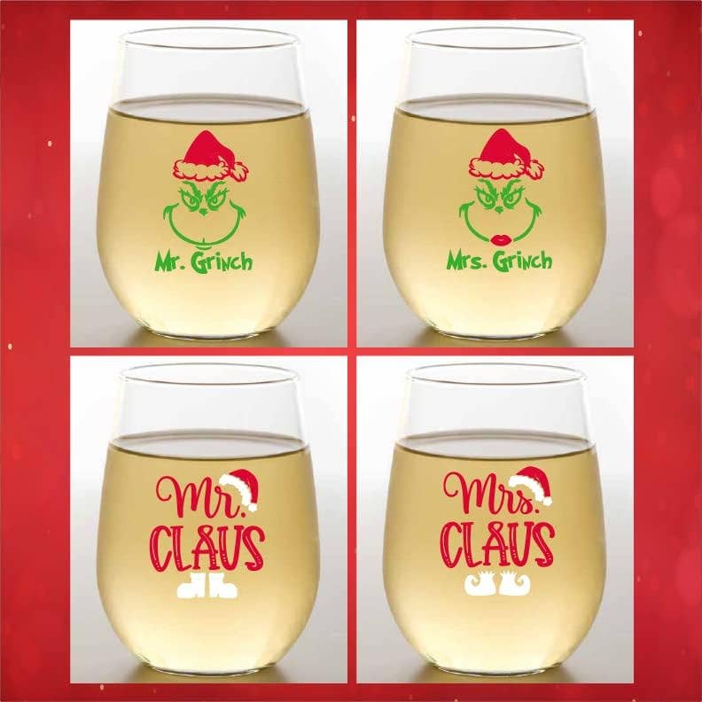 Mr. and Mrs. Grinch / Mr. and Mrs. Claus Shatterproof Wine Glasses