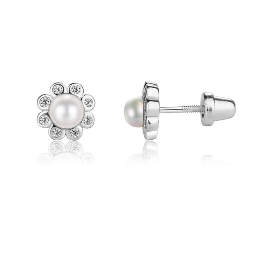 Sterling Silver Girls Screw-Back White Pearl Button Earrings