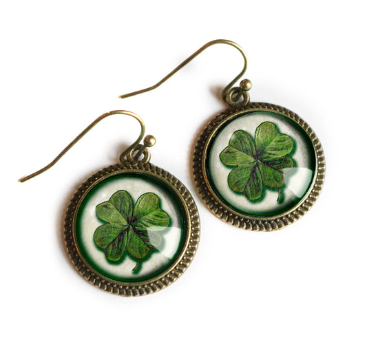 Shamrock or Four Leafed Clover Irish Earrings in Plain Bezel