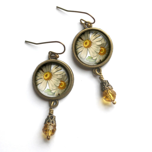 Summer Daisy Cottage Core Glass Cabochon Earrings