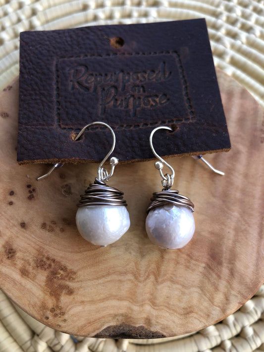 Wire Wrapped Pearl Earrings - White