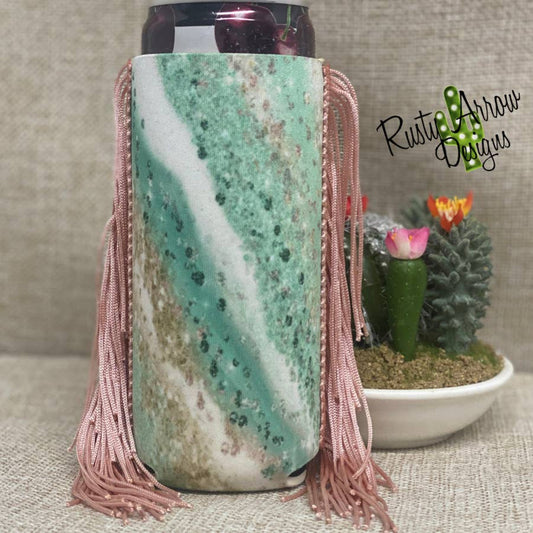 Slim Mint Marble Fringe Koozie