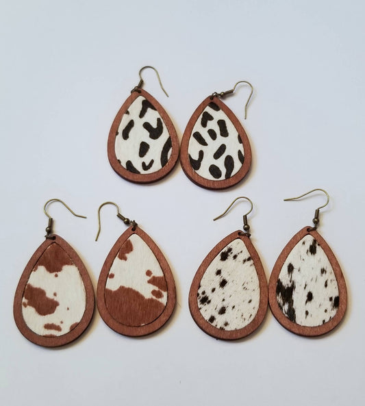 Brown and White Cow Print Leather & Wood Teardrop Earrings