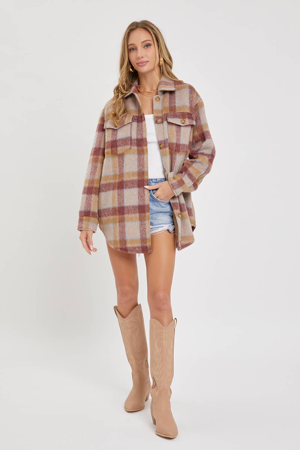 Plaid Shacket Beige, Camel and Mauve