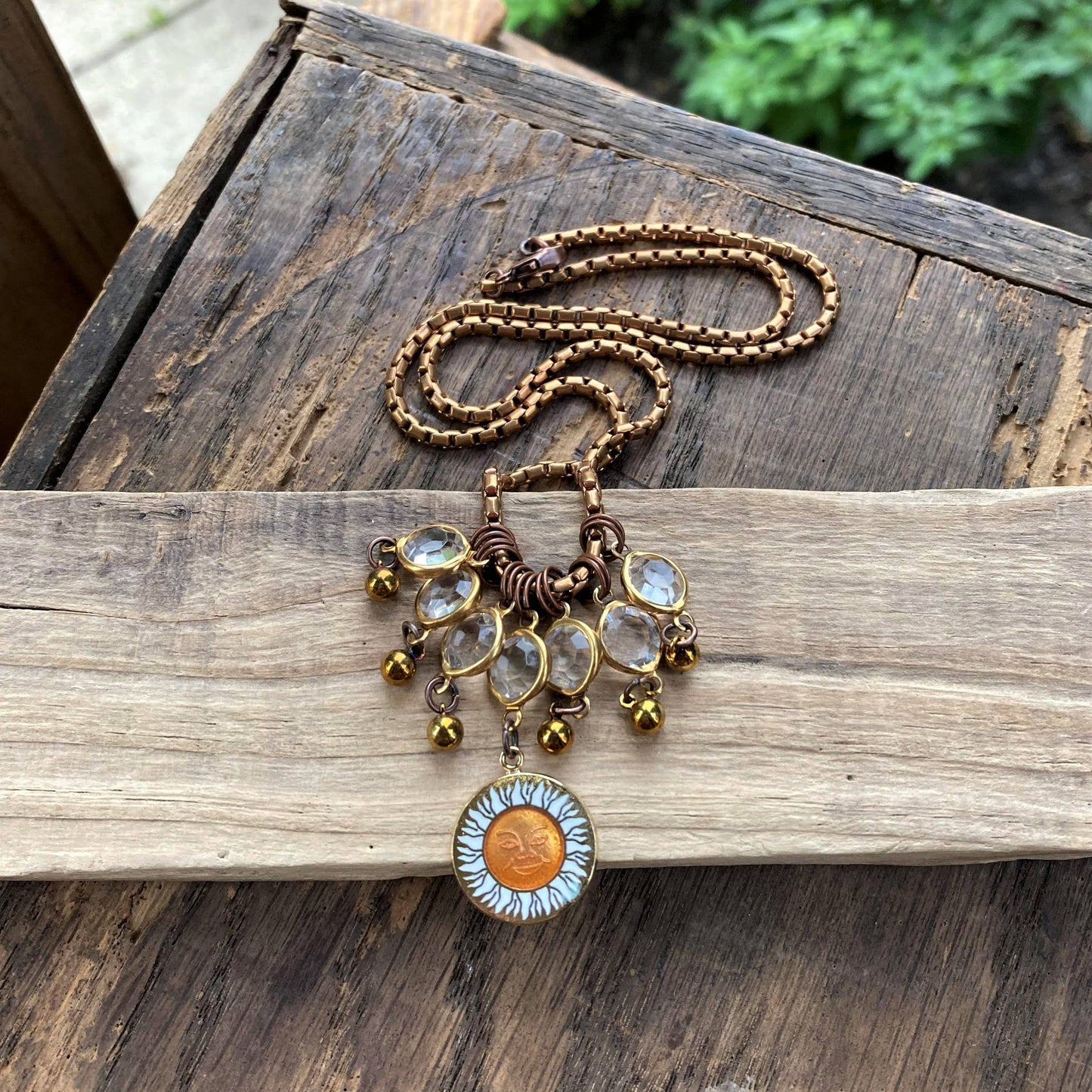 Enameled Sun & Brass Statement Necklace