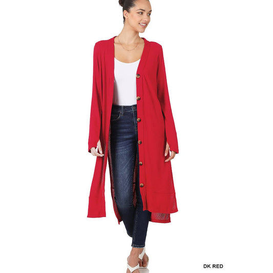 Red Ribbed Long Cardigan