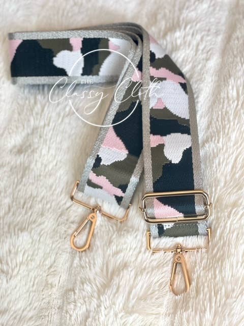 Crossbody Guitar Strap - Grey Pink Camo w/ Silver Stripe