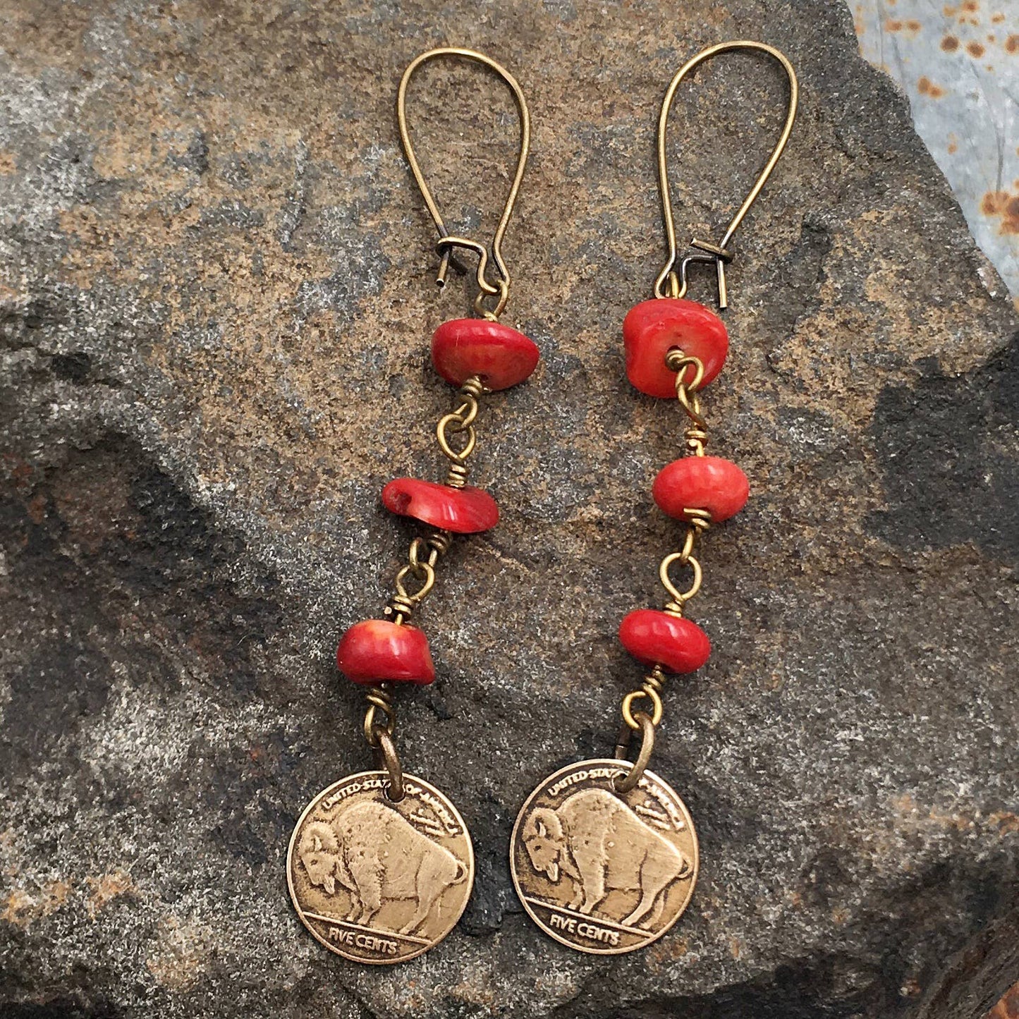 Red Buffalo Bison Bronze Western Earrings