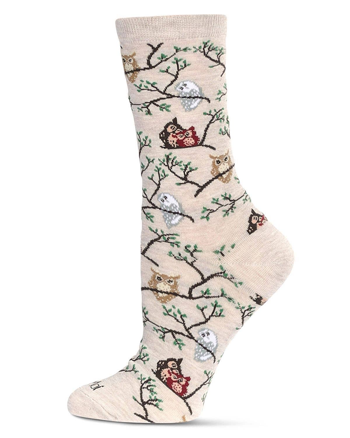 Owls Bamboo Crew Socks- Oatmeal