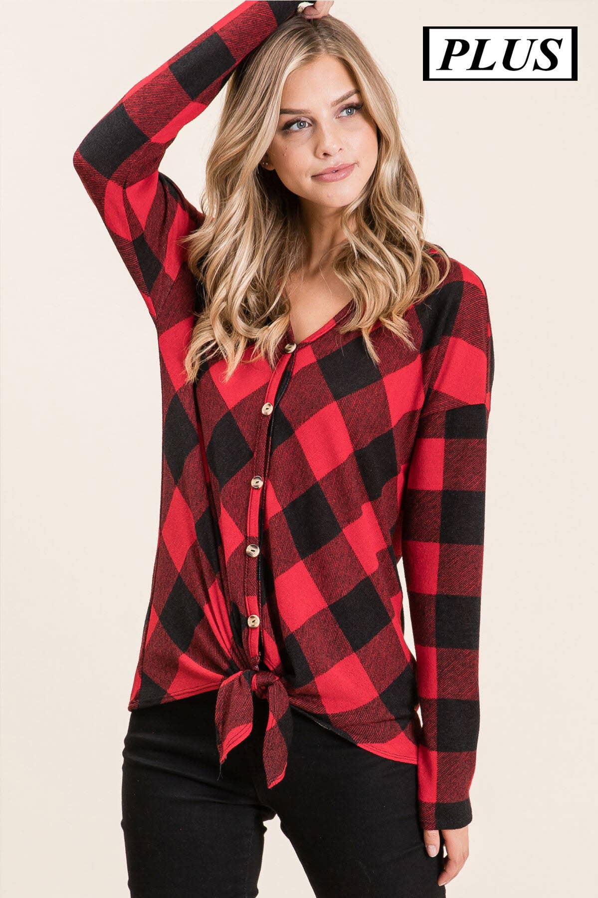 Front tie buffalo plaid hoodie knit top -Plus