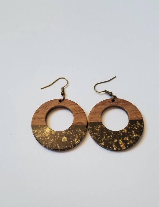 Gold Flakes Resin & Wood Earrings