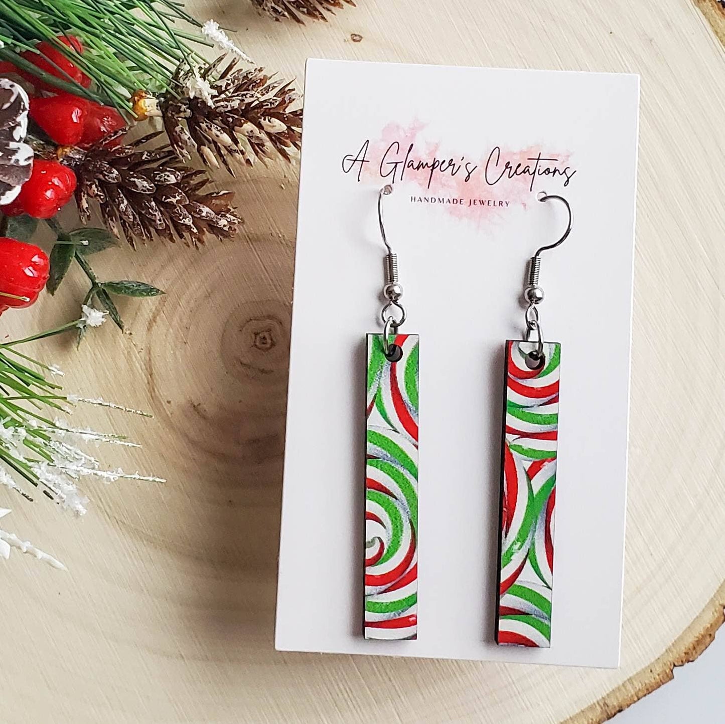 Green, White, & Red Swirls Wooden Bar Christmas Earrings