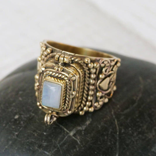 Brass Poison Ring with Moonstone