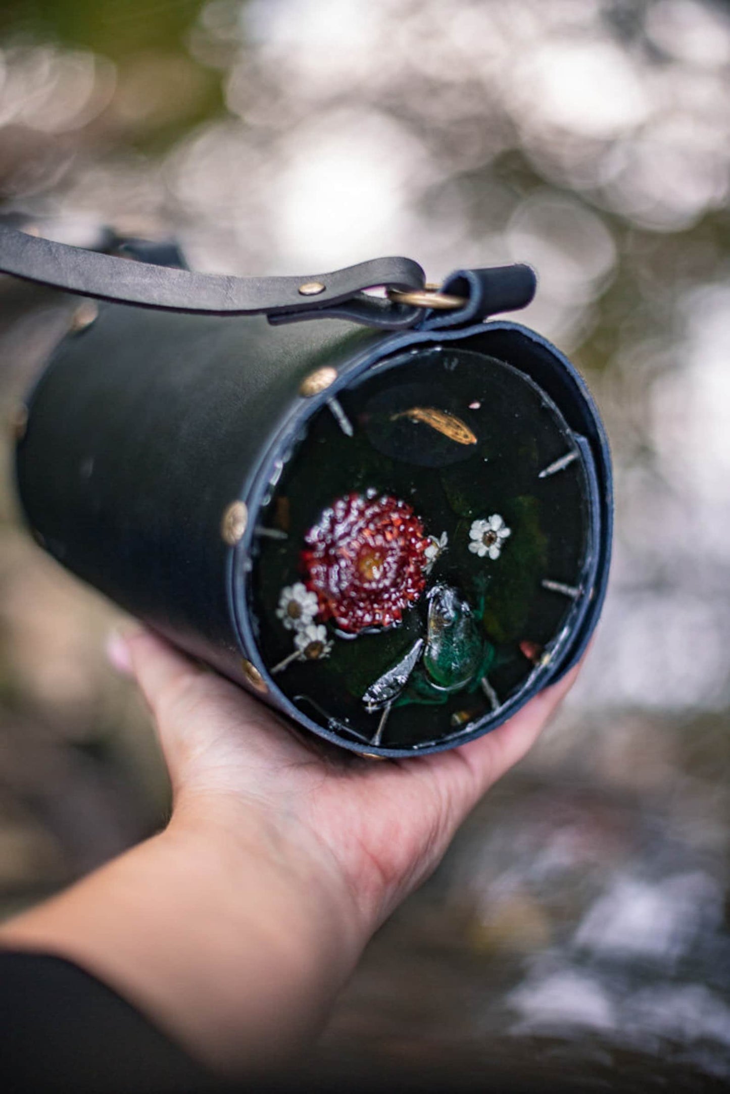 Forest leather bag with resin ponds