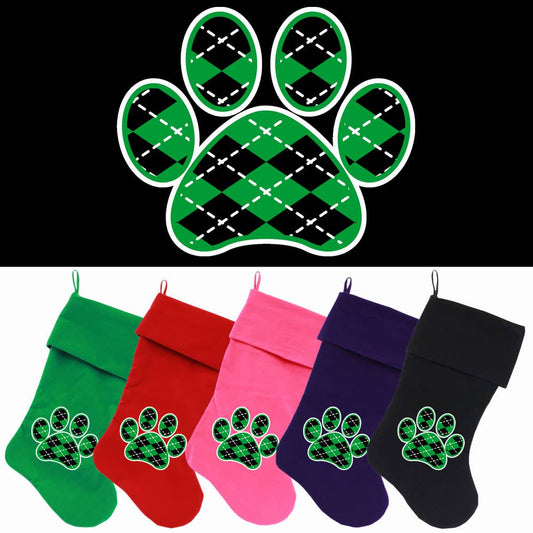 Argyle Paw Green Screen Print 18" Velvet Christmas Stocking