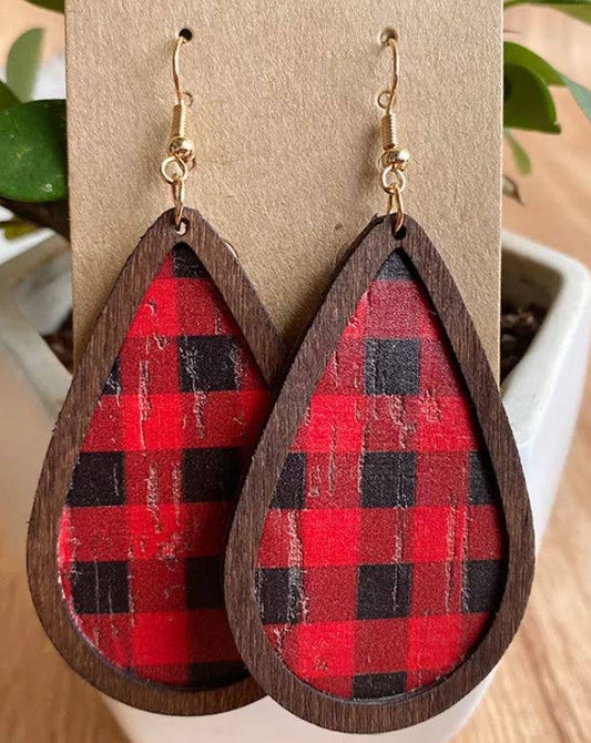 Blushing Owl Co - Red Buffalo Plaid Teardrop Wood Earrings