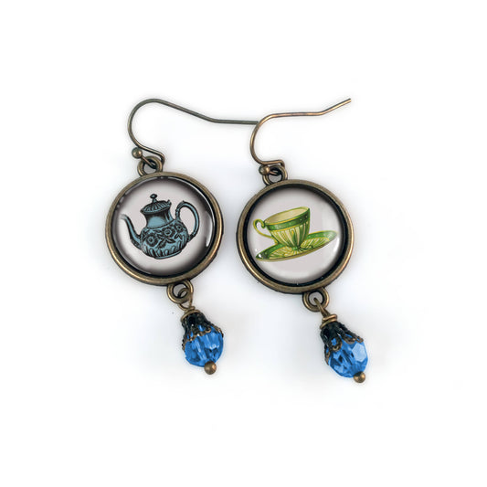 Blue Teacup and Teapot Steampunk Victorian Earrings