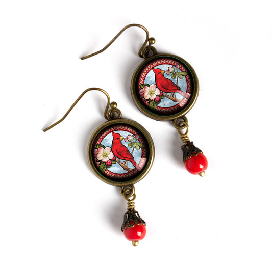 Cardinal Bird Vintage Inspired Glass Cabochon Earrings