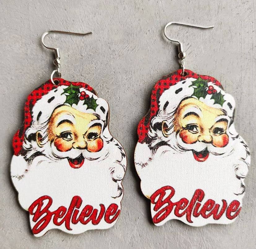 Blushing Owl Co - Believe Santa Wood Christmas Earrings