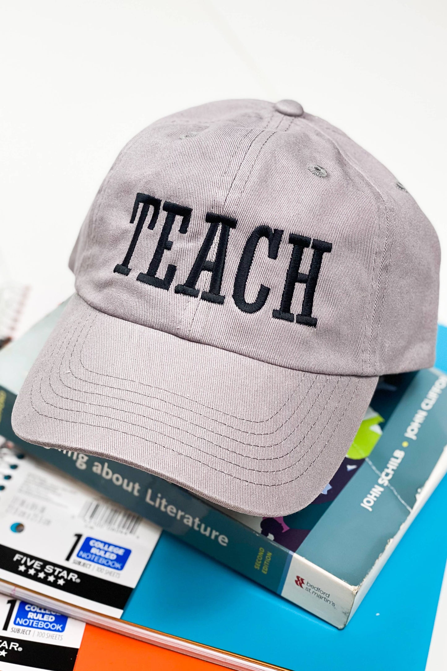 Teach Cap: Gray with Dark  Blue Embroidery