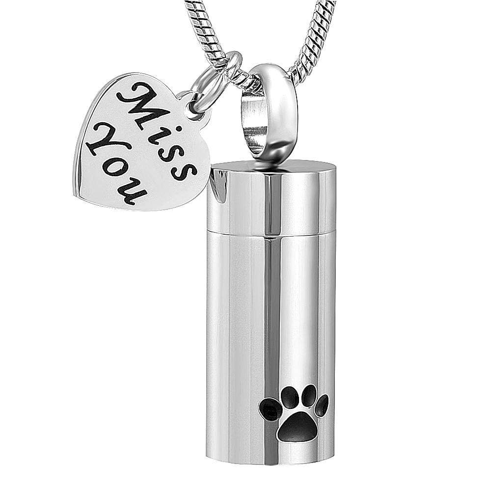 Miss You Silver Cylinder Cremation Urn Necklace