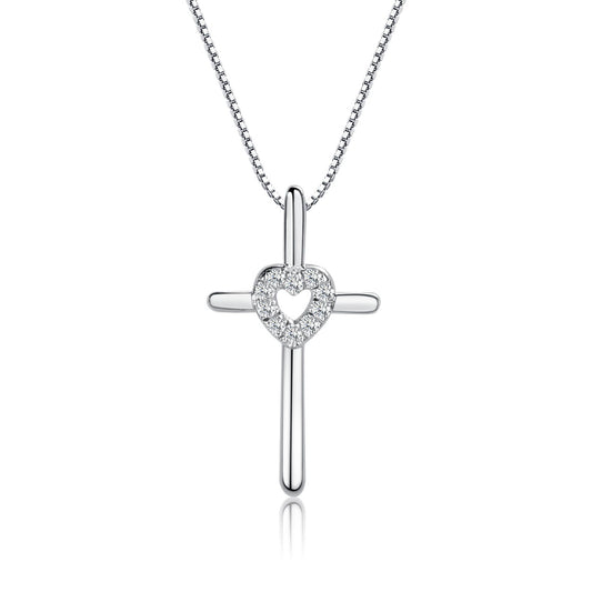 Sterling Silver Girls Cross Necklace CZ Heart for Communion