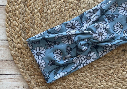 Blue Daisy Knit Twist Headband