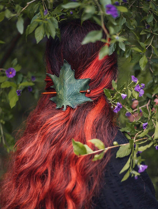 Leather Leaf Hair Barrette- Green