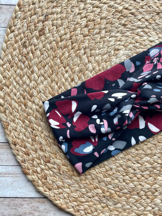 Black Abstract Floral Knit Twist Headband