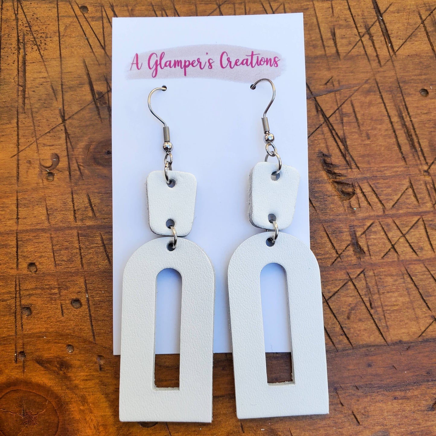 White Geometric Dangle Leather Earrings